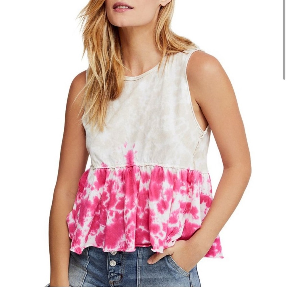 Free People Women's Pink Anytime Tie Dye Tank Size Large Cotton Boho Summer